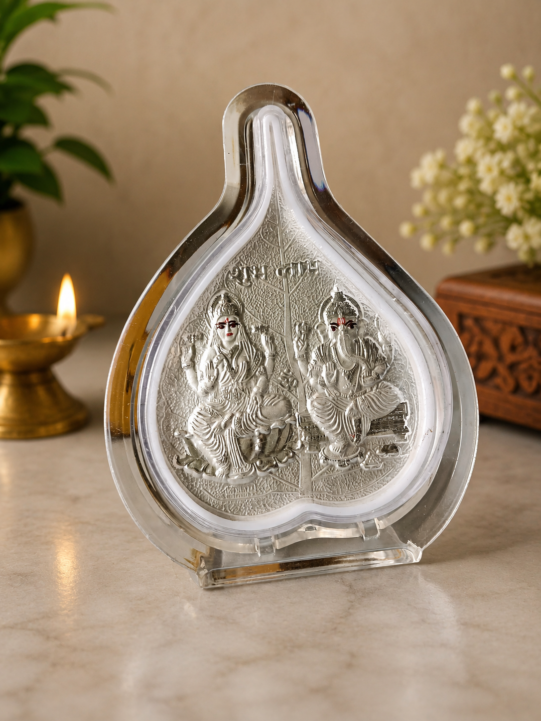 Silver Ganesha & Lakshmi Leaf Idols
