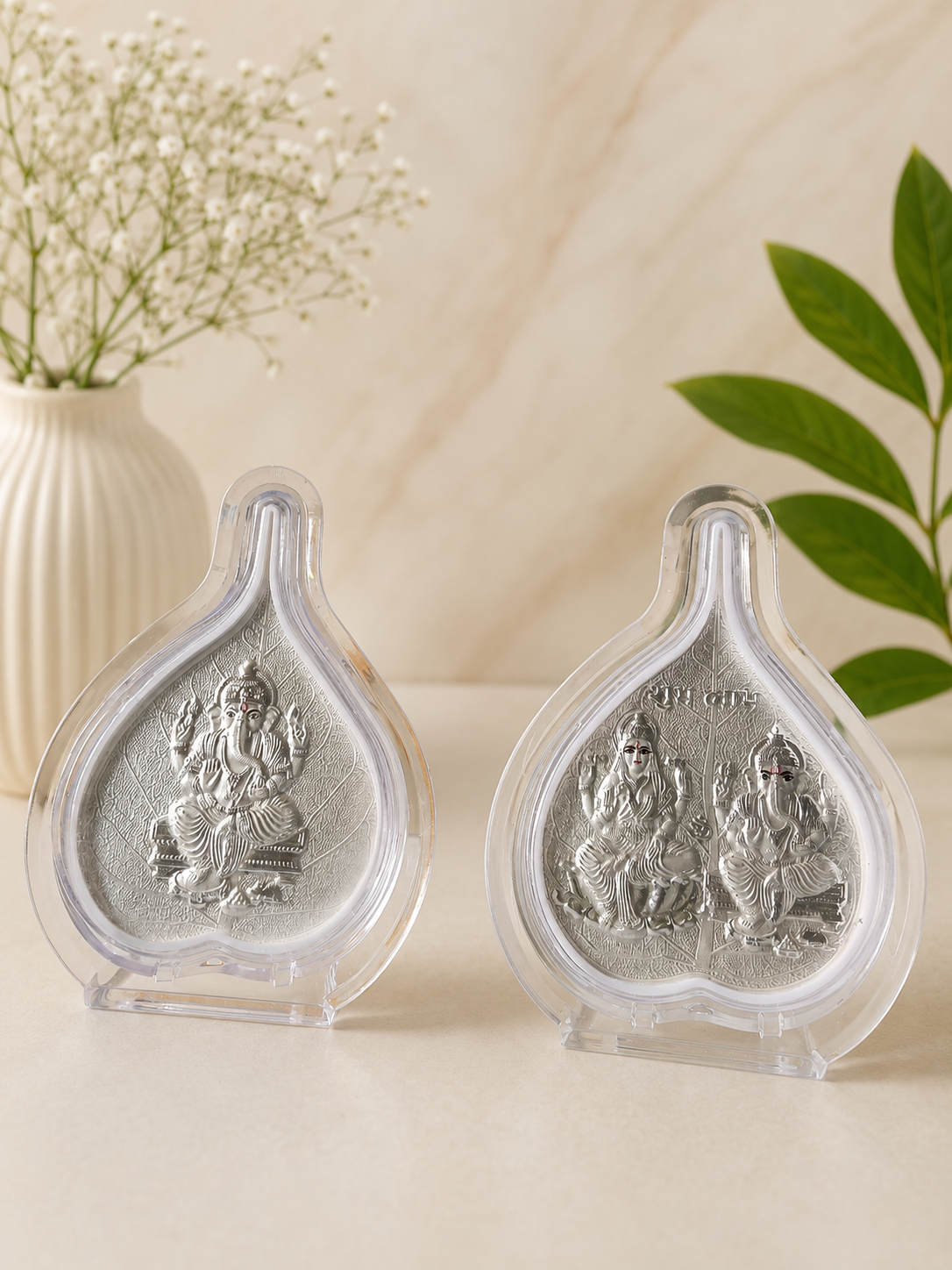 Silver Ganesha & Lakshmi Leaf Idols